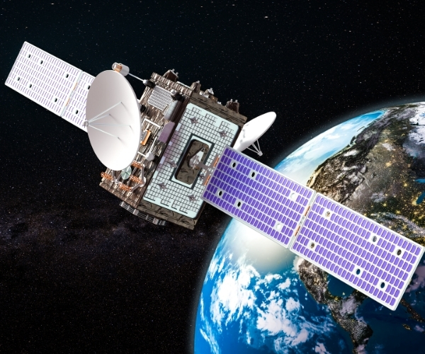 Satellite image showing Earth from space with a satellite orbiting above